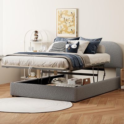 Merax Teddy Fleece Full Size Upholstered Platform Bed with Hydraulic Storage System, Gray