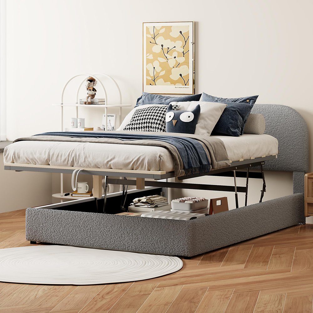 Merax Teddy Fleece Full Size Upholstered Platform Bed with Hydraulic Storage System, Gray