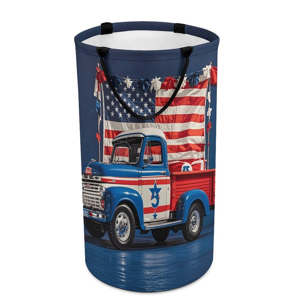 4th Of July Patriotic Trucks Large Laundry Basket Waterproof Collapsible Laundry Hamper Clothes Storage Basket Toys Bin for Bathroom Bedroom Home Decor
