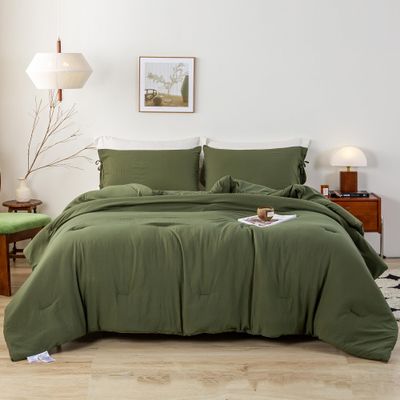 BOHOPOPM 7 Pieces Solid Color Ultra-Soft Elegant Natural Full Size Bed Sheets and Comforter Set with Flat Sheet Fitted Sheet 2 Pillow Cases 2 PillowShams Lightweight All Season Use, Olive Green Full