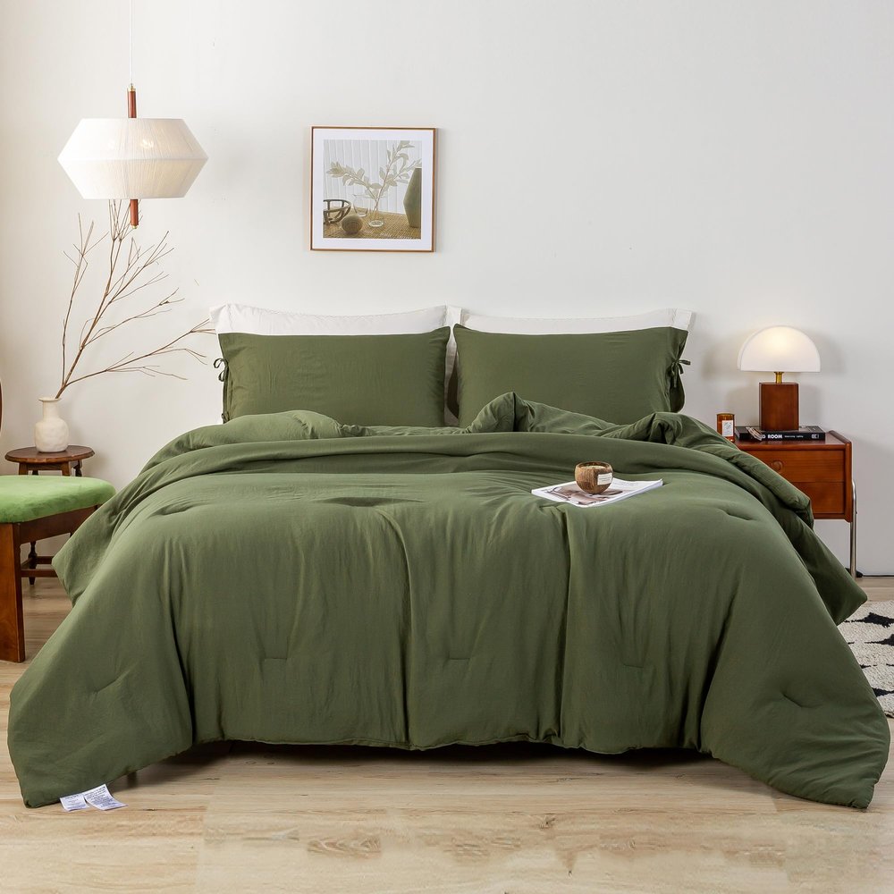 BOHOPOPM 7 Pieces Solid Color Ultra-Soft Elegant Natural Full Size Bed Sheets and Comforter Set with Flat Sheet Fitted Sheet 2 Pillow Cases 2 PillowShams Lightweight All Season Use, Olive Green Full