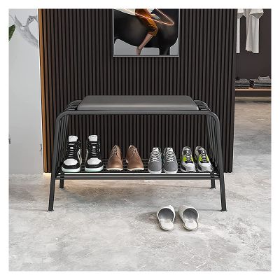 GRDDBZA Shoe Storage Bench with Cushion for Entryway, Metal Shoe Storage Bench 1-Tier Storage Shoe Stool with High Resilience Sponge for Hallway, Living Room, Bedroom(Black)