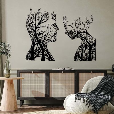 Abstract Face Metal Tree Wall Art, Decorative Branches, Tree Branch Art, Woman & Man Metal Wall Decor, Abstract Artwork, Modern Decorations, Living Room Decor (Black, 53"x(39"+33") | 135x(98+85)cm)