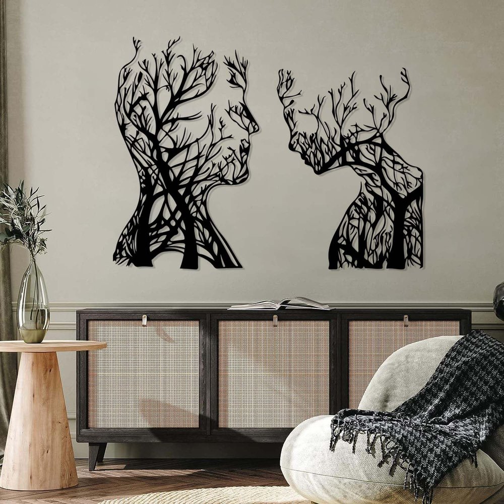 Abstract Face Metal Tree Wall Art, Decorative Branches, Tree Branch Art, Woman & Man Metal Wall Decor, Abstract Artwork, Modern Decorations, Living Room Decor (Black, 53"x(39"+33") | 135x(98+85)cm)