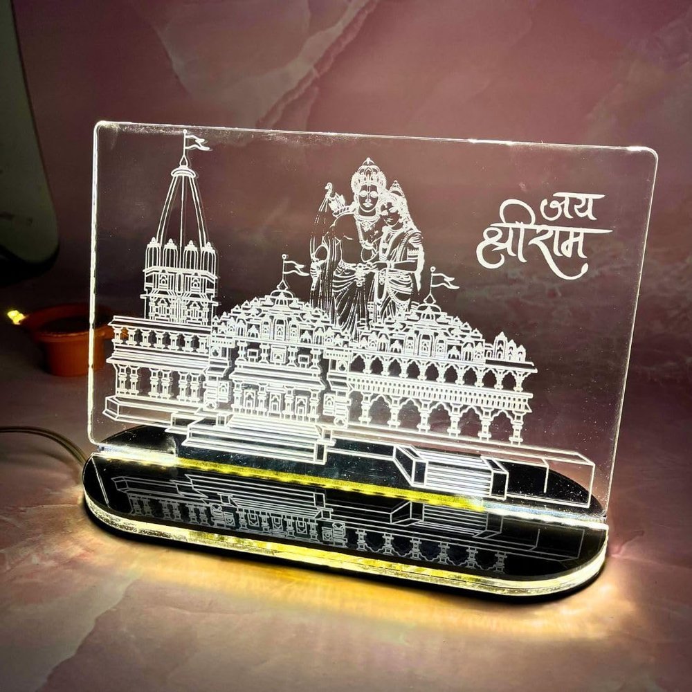 HomeLoft Basics 3D Acrylic Ram Mandir Ayodhya Model | Ram Mandir 3D Model | Ram Mandir Ayodhya Model 3D with Halogen Light for Home, Office Mandir- Warm White