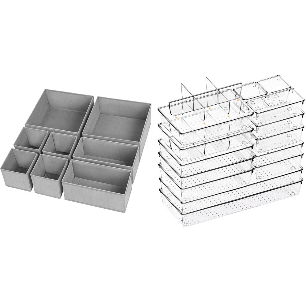 Criusia 8 Pack Foldable Drawer Organizers & Storage with 18 Clear Kitchen Trays