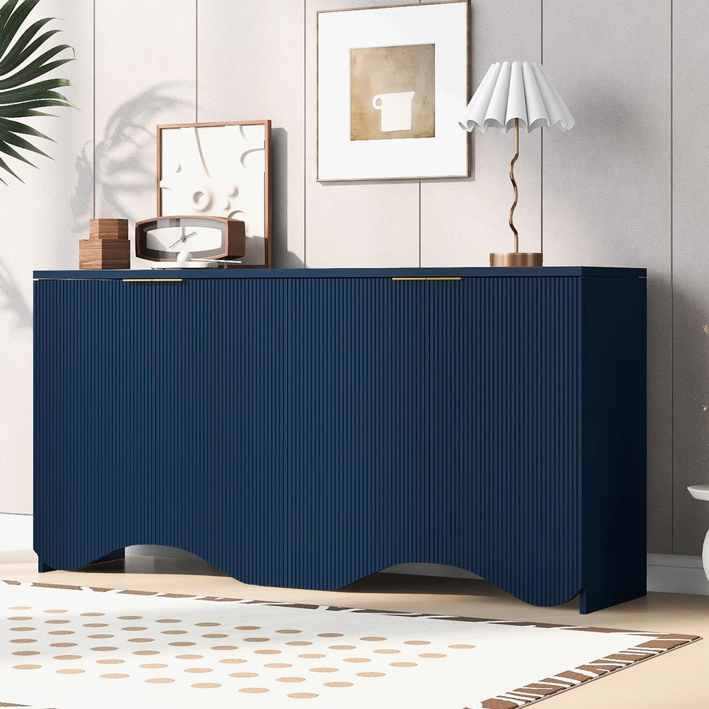 63.20" Retro Design Console Table Narrow Long Hallway/Entryway Table Entryway Table Modern Vertical Stripes and Wavy Design Wood Sideboard Buffet Cabinet for Hallway Entryway Living Room