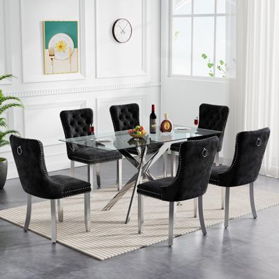 Glass Dining Table Set for 6,7 Piece Kitchen Room Dining Set,51'' Rectangle Dinner Table with 6 Tufted Velvet Kitchen Chairs and Tempered Glass Table Top for Dining Room Furniture (Silver&Black, 7PCS)