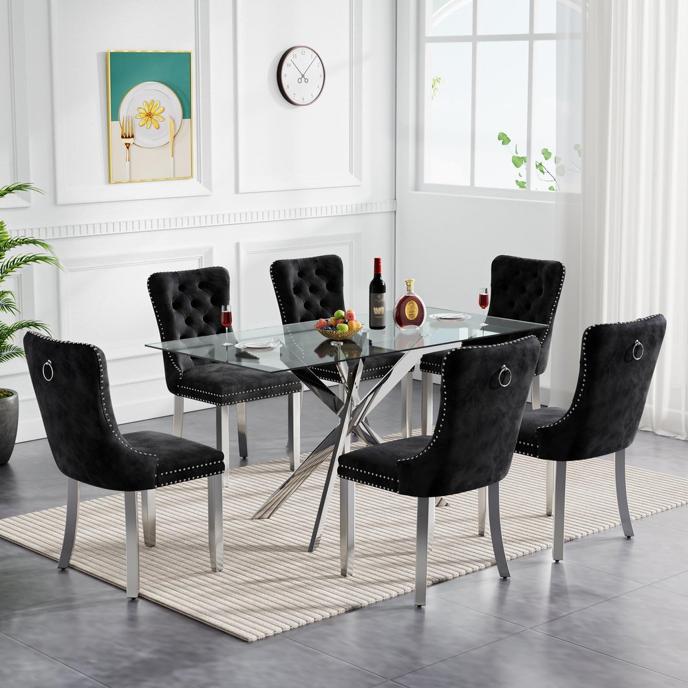 Glass Dining Table Set for 6,7 Piece Kitchen Room Dining Set,51'' Rectangle Dinner Table with 6 Tufted Velvet Kitchen Chairs and Tempered Glass Table Top for Dining Room Furniture (Silver&Black, 7PCS)