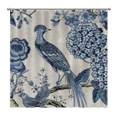 WoGuangis Waterproof Shower Curtain Indigo Blue Chinoiserie Bird Bath Curtain 72x72in Hydrangea Camellia and Peacock Polyester Bathroom Curtain with Hooks Chinoiserie Chic Asian Shower Curtains