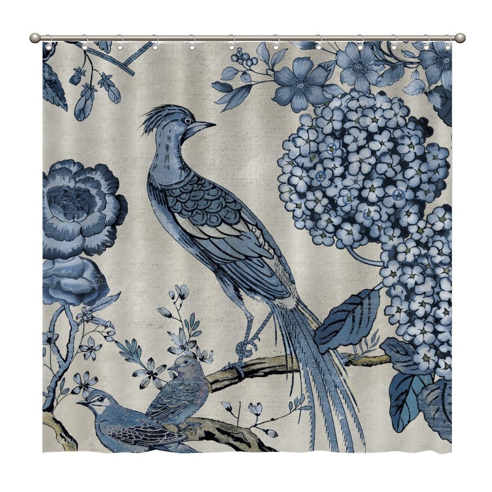 WoGuangis Waterproof Shower Curtain Indigo Blue Chinoiserie Bird Bath Curtain 72x72in Hydrangea Camellia and Peacock Polyester Bathroom Curtain with Hooks Chinoiserie Chic Asian Shower Curtains