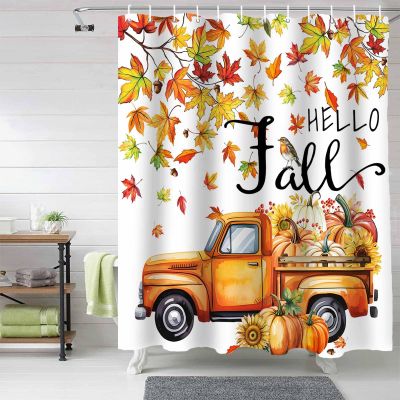 Anzona Hello Fall Waterproof Shower Curtains Set - Extra Long 72 x 96 Inch, Rustic Truck Pumpkin Maple Leaf Sunflower Polyester Fabric Bathroom Curtain with 12 Hooks, Bathroom Accessories, 1 Panel