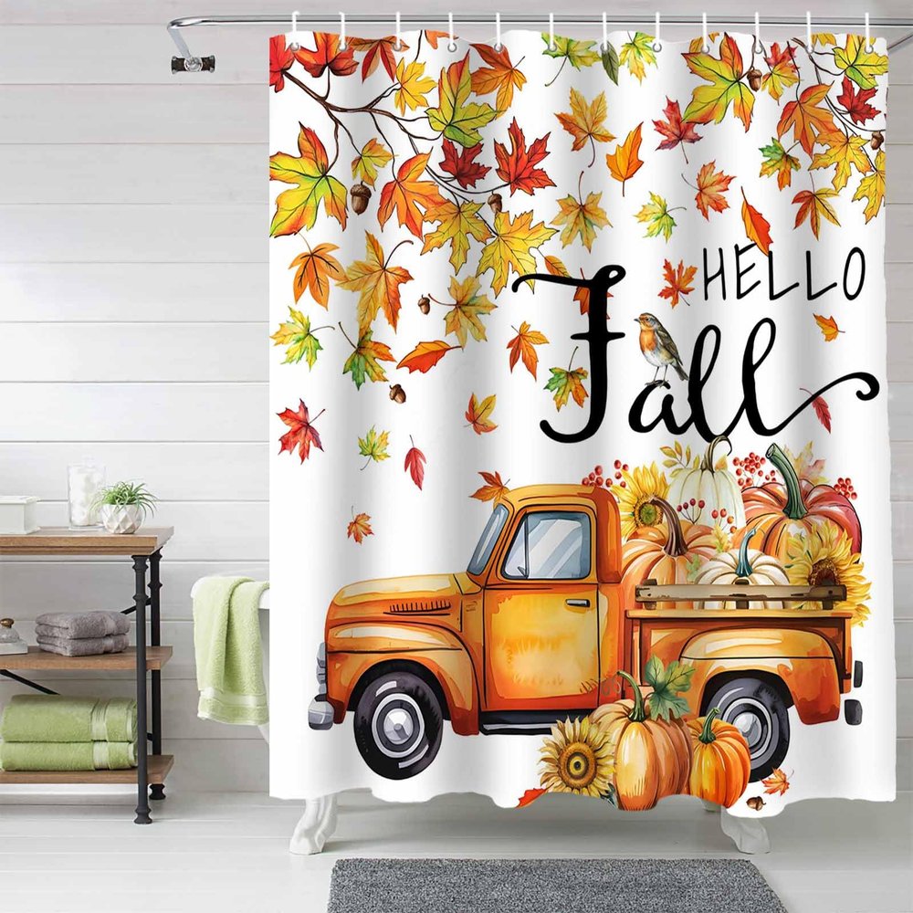 Anzona Hello Fall Waterproof Shower Curtains Set - Extra Long 72 x 96 Inch, Rustic Truck Pumpkin Maple Leaf Sunflower Polyester Fabric Bathroom Curtain with 12 Hooks, Bathroom Accessories, 1 Panel