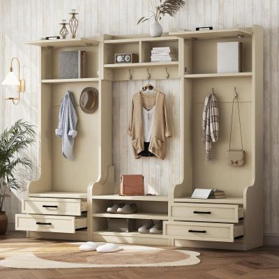 4-in-1 Detachable Hall Tree with Bench and Shoe Storage Cabinet, Multiple Functions Hallway Coat Rack with 4 Storage Drawers and 7 Hooks, Freestanding Closet Organizer for Bedroom, Living Room, Beige
