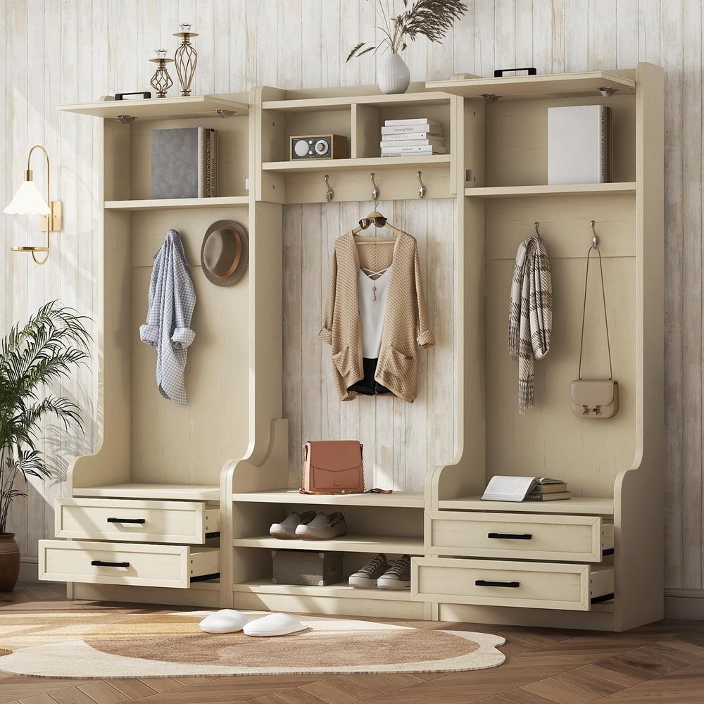 4-in-1 Detachable Hall Tree with Bench and Shoe Storage Cabinet, Multiple Functions Hallway Coat Rack with 4 Storage Drawers and 7 Hooks, Freestanding Closet Organizer for Bedroom, Living Room, Beige