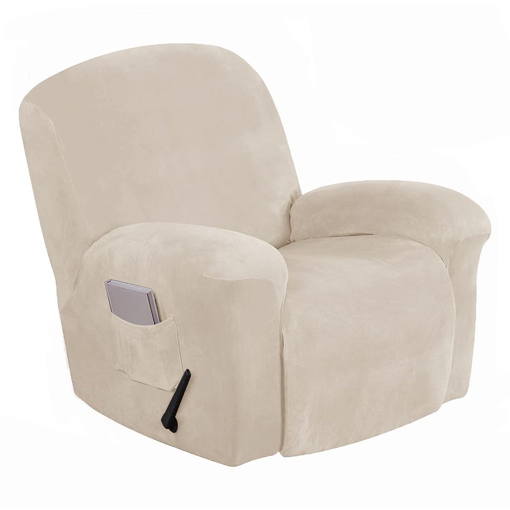 Gavilion 1 Piece Velvet Recliner Covers, Recliner Chair Cover with Pocket and Elastic Bottom, Stretch Couch Slipcovers Non-Slip Stylish Furniture Protector, Machine Washable,Beige