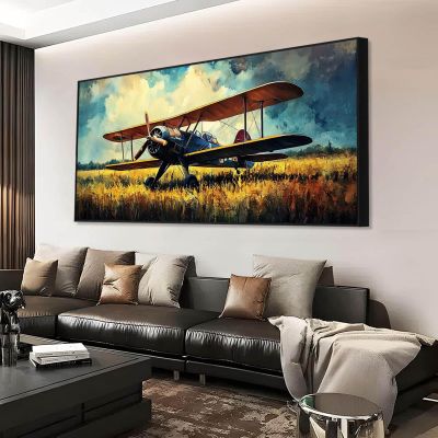 Antique Airplane Canvas Wall Art, Retro Plane Art, Airplane Oil Painting Wall Art, Vintage Wall Decor, Vintage Framed Wall Art, Wall Decor Living Room, Gift for Pilot (Black Frame, 55"x27"|140x70cm)