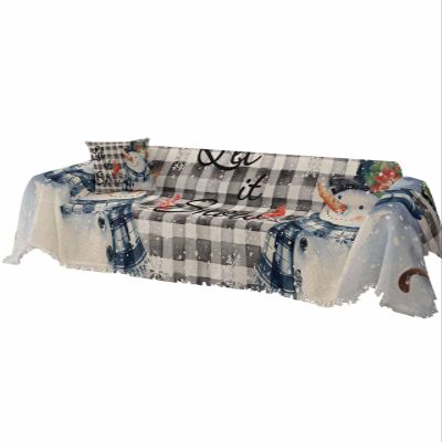 Couch Cover for Sofa Christmas Watercolor Snowman Snowflakes Robin Black Plaid Waffle Slipcover Sofa Cover with Tassels for 2-3 Cushion Couch Large Couch Protector Blanket Furniture Covers for Dogs