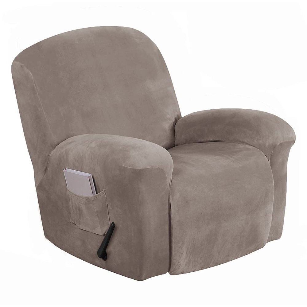 Gavilion 1 Piece Velvet Recliner Covers, Recliner Chair Cover with Pocket and Elastic Bottom, Stretch Couch Slipcovers Non-Slip Stylish Furniture Protector, Machine Washable,Taupe