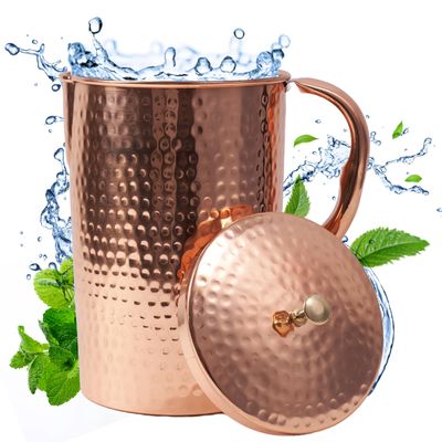 Copper Water Pitcher with Lid  100% Pure Copper Jug for Drinking Water, Juices and Beverages (68oz / 2L) | Handcrafted Hammered Vessel
