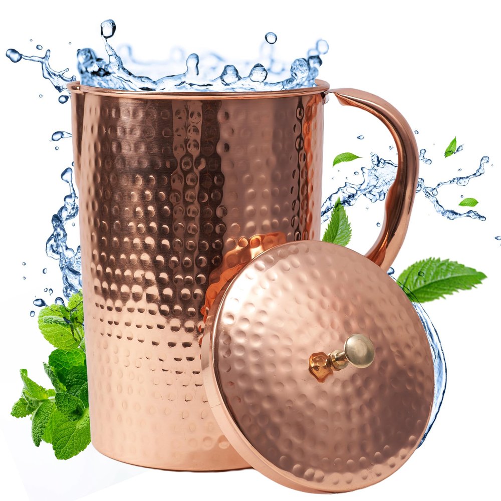 Copper Water Pitcher with Lid  100% Pure Copper Jug for Drinking Water, Juices and Beverages (68oz / 2L) | Handcrafted Hammered Vessel