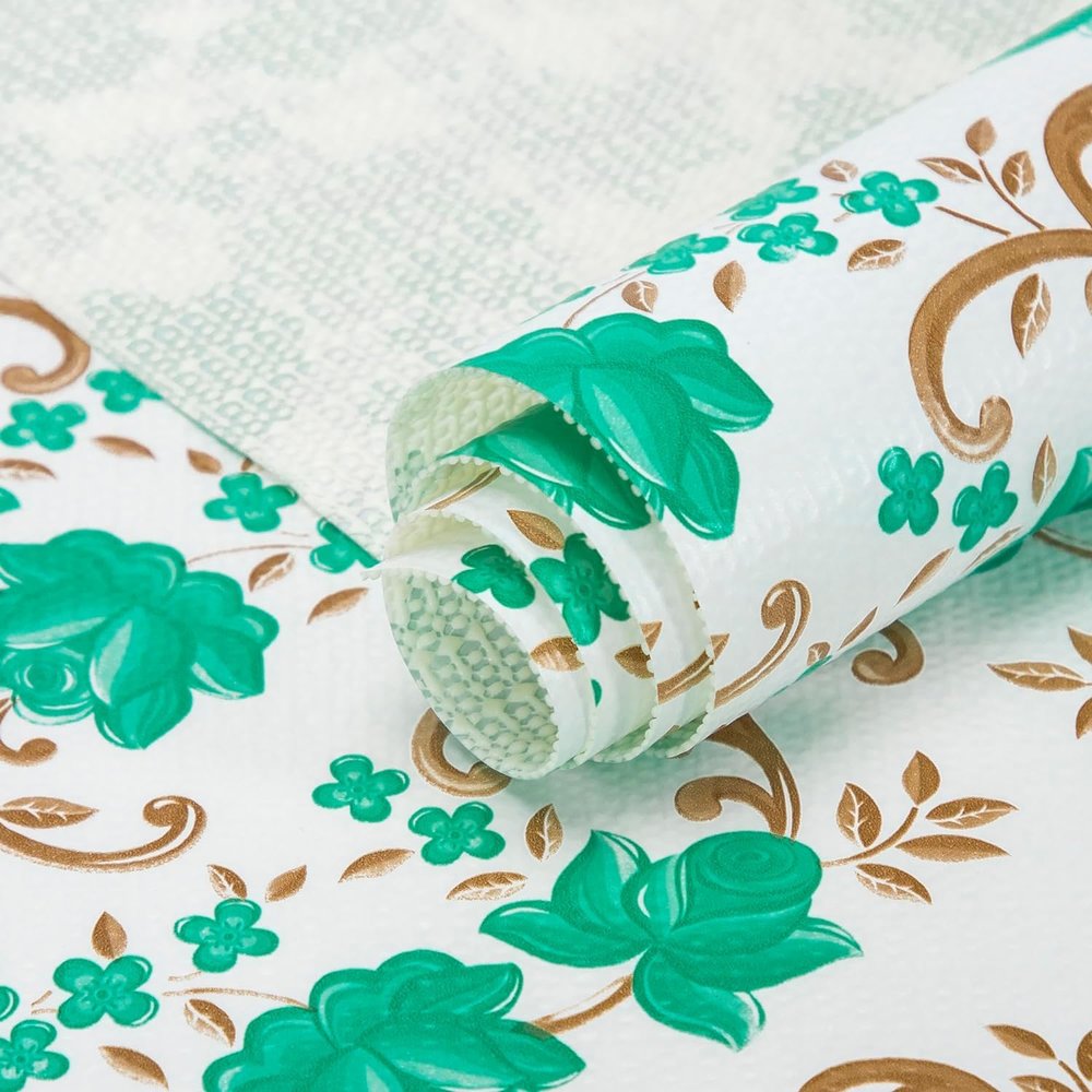 12X120 Inch Shelf Liner for Kitchen Cabinets, PVC Drawer Liner for Dresser Non-Slip Bathroom, Non-Adhesive Cabinet Liner Washable (Green Floral)(5 Roll)