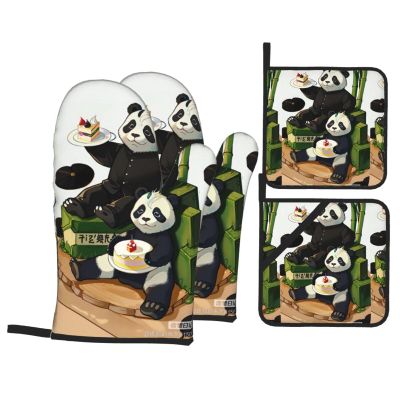 WZYWHJ Oven Mitts and Pot Holders Four-Piece Sets Oven Mitts Oven Gloves Pot Holders and Oven Mitts for Kitchen Baking Cooking Grilling Pandas of Father and Son Prints