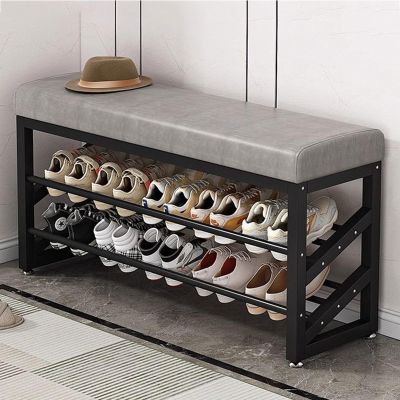 Entryway Shoe Bench Faux Leather Padded Seat Hallway Shoe Organizer 3-Tier Front Door Shoe Rack Bench with Steel Frame Storage Shelf