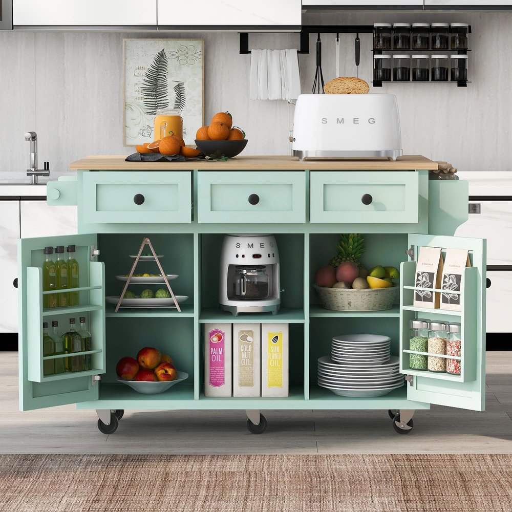 JIJIWANG Kitchen Cart with Rubber Wood Drop-Leaf Countertop,Cabinet Door Internal Storage Racks,Kitchen Island on 5 Wheels with Storage Cabinet and 3 Drawers for Dinning Room, Mint Green