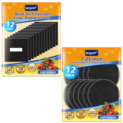 KEEPOW 12 Pack 7.25" Round + 12 Pack Square Compost Bin Filter Replacement for Kitchen Compost Bin Countertop, Charcoal Filters for Compost Bucket, Activated Carbon Filter for Compost Pail Counter