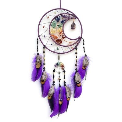 7 Chakras Dream Catchers Moon Tree of Life Dream Catcher Violet Feather Dreamcatcher Wall Decor with Rainbow Healing Crystal Stone Wall Art Hanging for Bedroom Home Decor Bless Gift Wedding Party