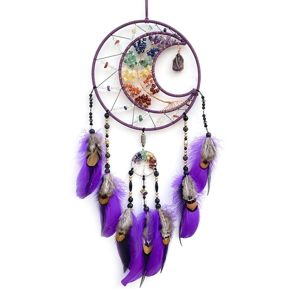 7 Chakras Dream Catchers Moon Tree of Life Dream Catcher Violet Feather Dreamcatcher Wall Decor with Rainbow Healing Crystal Stone Wall Art Hanging for Bedroom Home Decor Bless Gift Wedding Party