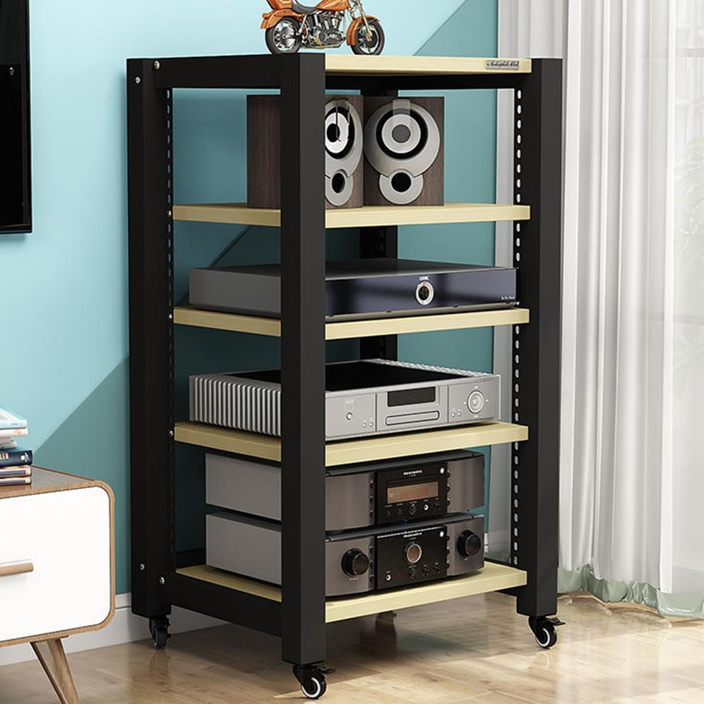 LYXWGRZD AV Media Stand, Stereo Cabinet with Roller, Audio Rack, with Adjustable Shelves, Open Storage TV Stand, for Home/Office/Theater(White Maple,100cm/39.3in)