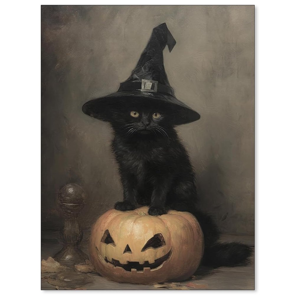 UNXIS Cute Black Cat Witchy Poster Halloween Pumpkin Print Victorian Gothic Canvas Wall Art 12x16in Unframed Dark Academia Decor Pictures