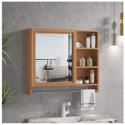 Wall Mounted Aluminum Mirror Cabinet Bathroom Mirror Cabinet Multifunctional Open Storage Mirror Cabinet Single Door Mirror Cabinet with Towel Sturdy and Stable Beautiful and Practical(Brown,70cm)