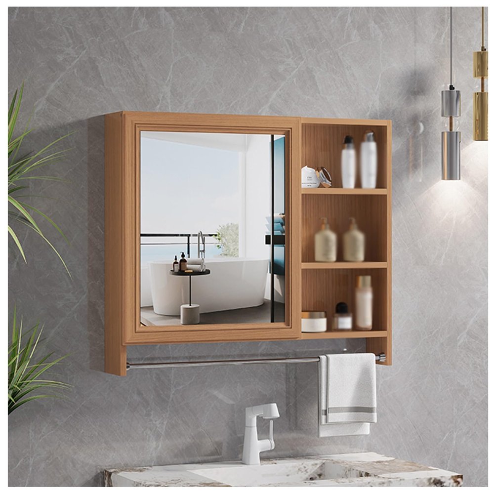 Wall Mounted Aluminum Mirror Cabinet Bathroom Mirror Cabinet Multifunctional Open Storage Mirror Cabinet Single Door Mirror Cabinet with Towel Sturdy and Stable Beautiful and Practical(Brown,70cm)
