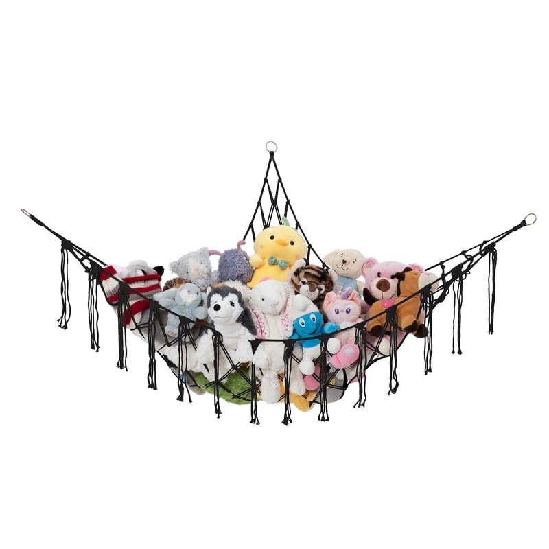 Large Macrame Stuffed Animal Storage Hammock | Holds 12 lbs | Corner Stuffed Animal Organizer | Plushie Net for Stuffed Animals | Stuffy Storage, Cute Bedroom, Room Decor | Black