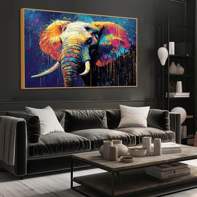 Elephant Canvas Wall Art, Colourful Elephant Wall Art, Colourful Paint Splatter Style Wall Art, Elephant Oil Painting Wall Art, Elephant Prints for Wall Decor, Wall Decor Living Room (Gold Frame, 59"x39"|150x100cm)