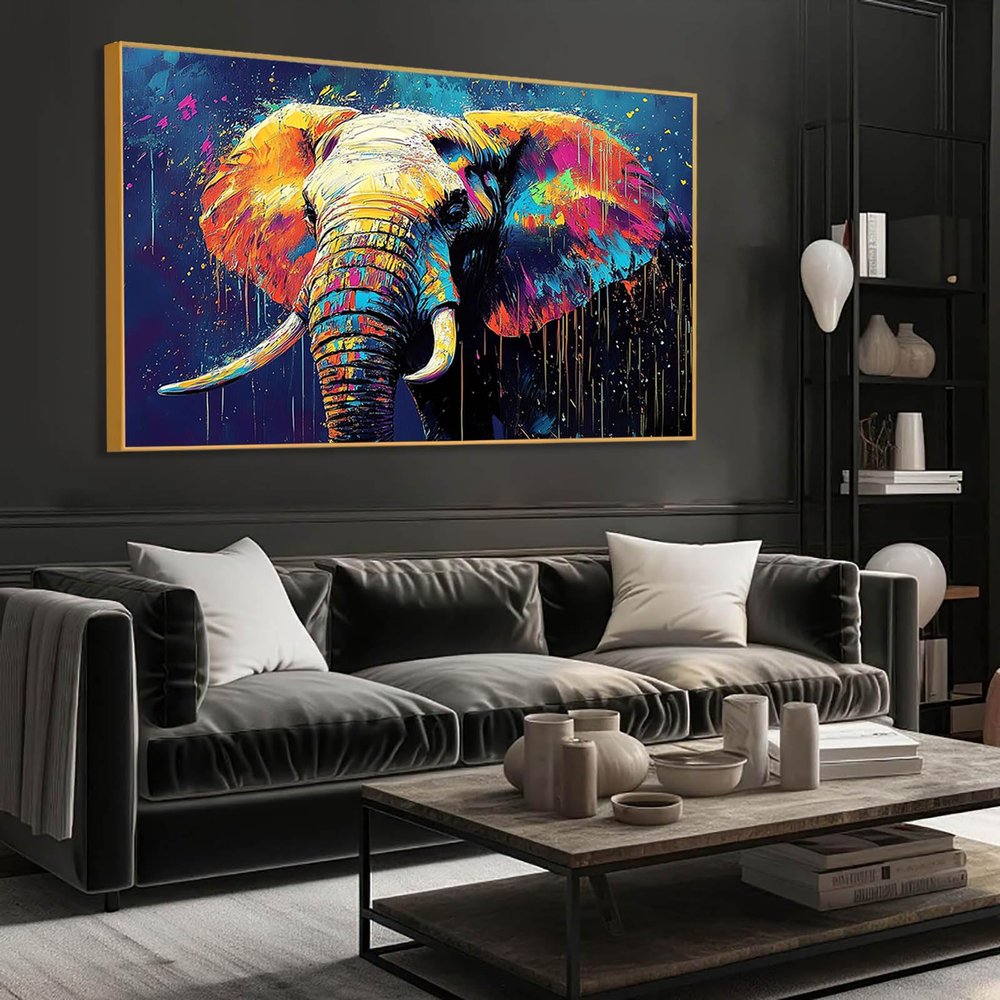 Elephant Canvas Wall Art, Colourful Elephant Wall Art, Colourful Paint Splatter Style Wall Art, Elephant Oil Painting Wall Art, Elephant Prints for Wall Decor, Wall Decor Living Room (Gold Frame, 59"x39"|150x100cm)