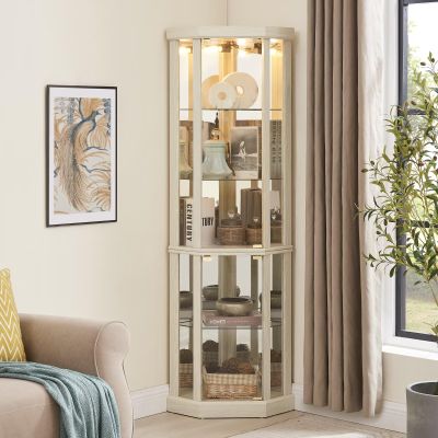 70"H Lighted Curio Cabinet - Corner Display Case for Living Room, Antique White, Wine & Bar Glass Storage, Light Included