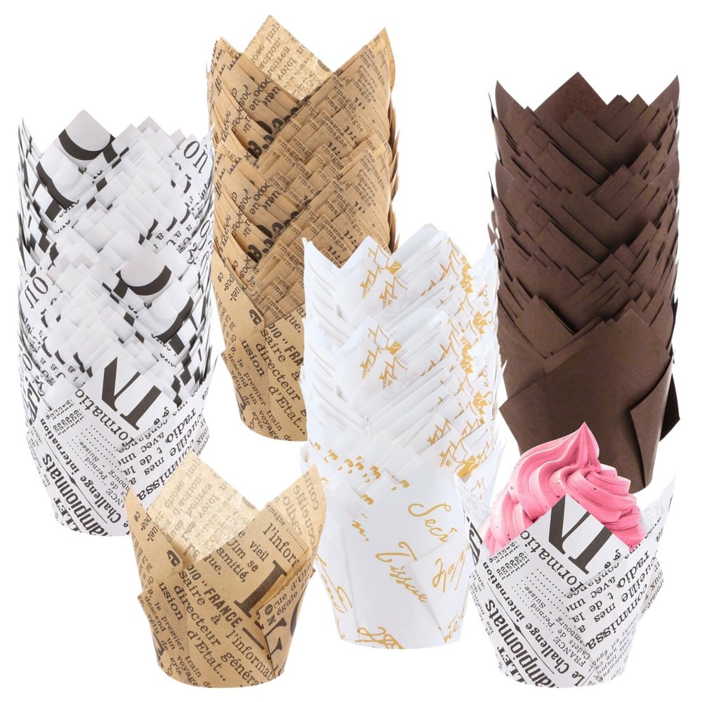 200 Pcs Tulip Cupcake Liners, Baking Paper Cups with 4 Designs, Muffin Baking Liners, Mini Floral Cupcake Wrappers for Party, Wedding, Bridal Shower