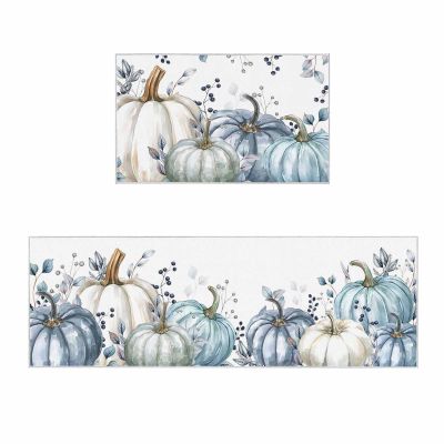 2 Piece Non-Slip Kitchen Mat Runner Rug Set Doormat Thanksgiving Fall Blue Leaves Pumpkin Plants Door Mats Rubber Backing Carpet Indoor Floor Mat (23.6" x 35.4"+23.6" x 70.9")