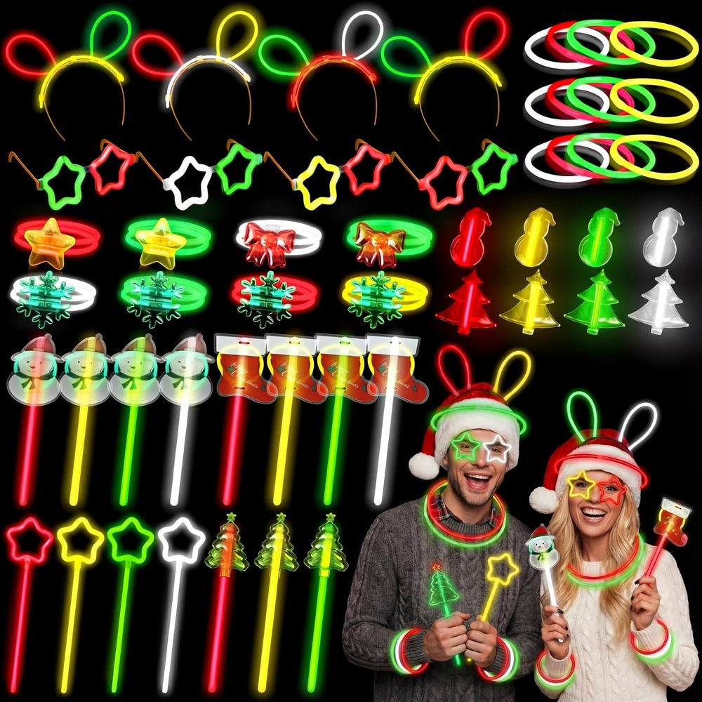 Lewtemi 426 Pcs Christmas Glow Sticks bulk with Accessories Party Favor Red Green Yellow White Xmas Sticks Star Snowman Glasses Bracelets Necklaces Party Supplies for Holiday