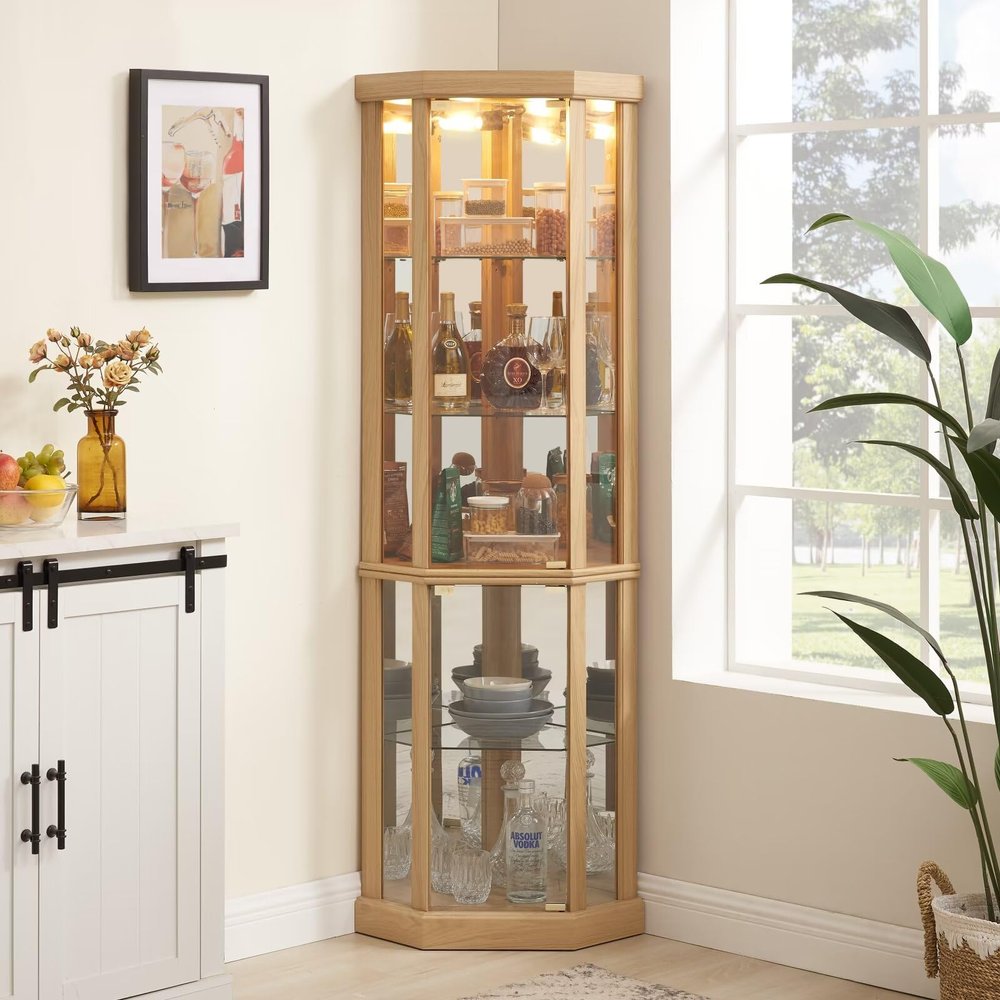 70"H Lighted Curio Cabinet - Corner Glass Display Case for Living Room, Wine & Bar Glass Storage, Light Oak