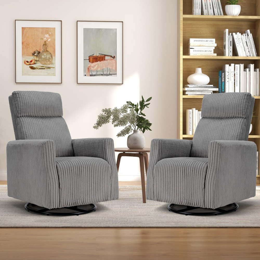 CANMOV Swivel Rocker Chair Set of 2, Swivel Accent Chair with High Back and Arms, Corduroy Glider Chair for Living Room Bedroom Nursery, Grey