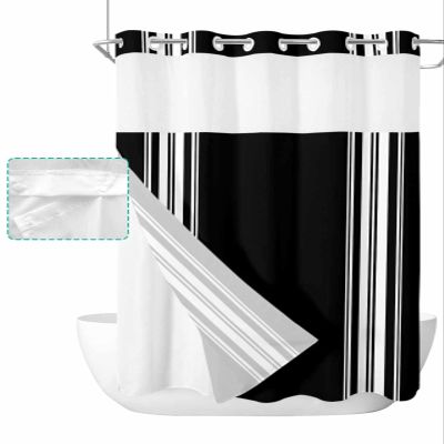 IDOWMAT Shower Curtains for Bathroom, Stripes Lines Pastoral Farmhouse Black White,Double-Layer Quick Drying Shower Curtain with Sheer Mesh for Bathtub, 48x72 Inch