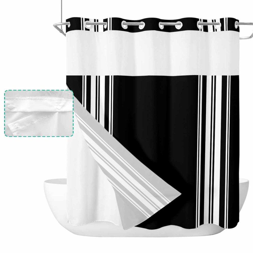 IDOWMAT Shower Curtains for Bathroom, Stripes Lines Pastoral Farmhouse Black White,Double-Layer Quick Drying Shower Curtain with Sheer Mesh for Bathtub, 48x72 Inch