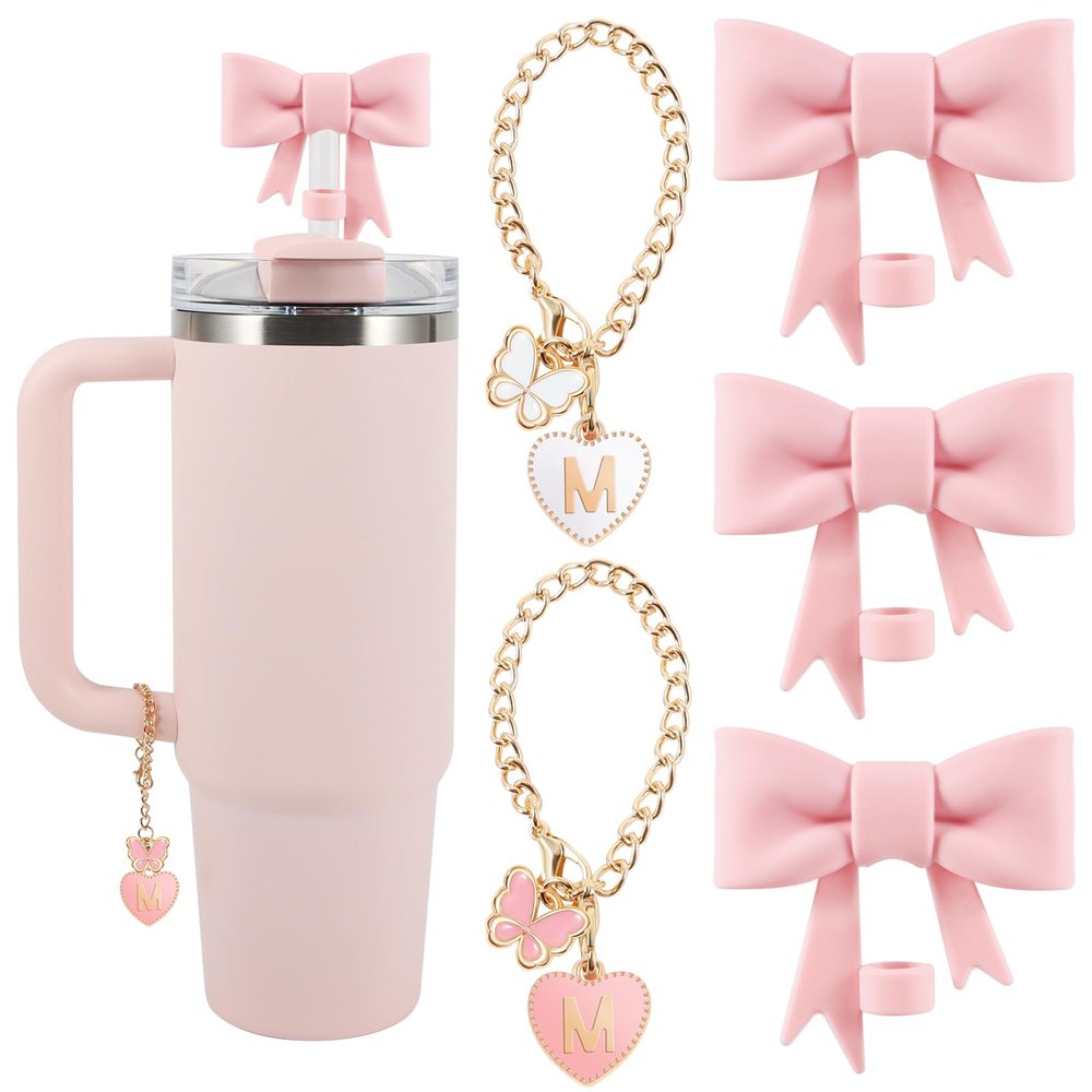 3PCS Bow Straw Cover Straw Toppers for Stanley Cup with 2 PCS Initial Letter Charms Name ID Accessories Compatible with Stanley 30&40 OZ Tumbler with Handle Pink