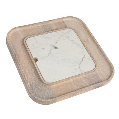 Creative Co-Op Marble and Wood Cutting Board on a Dish, White