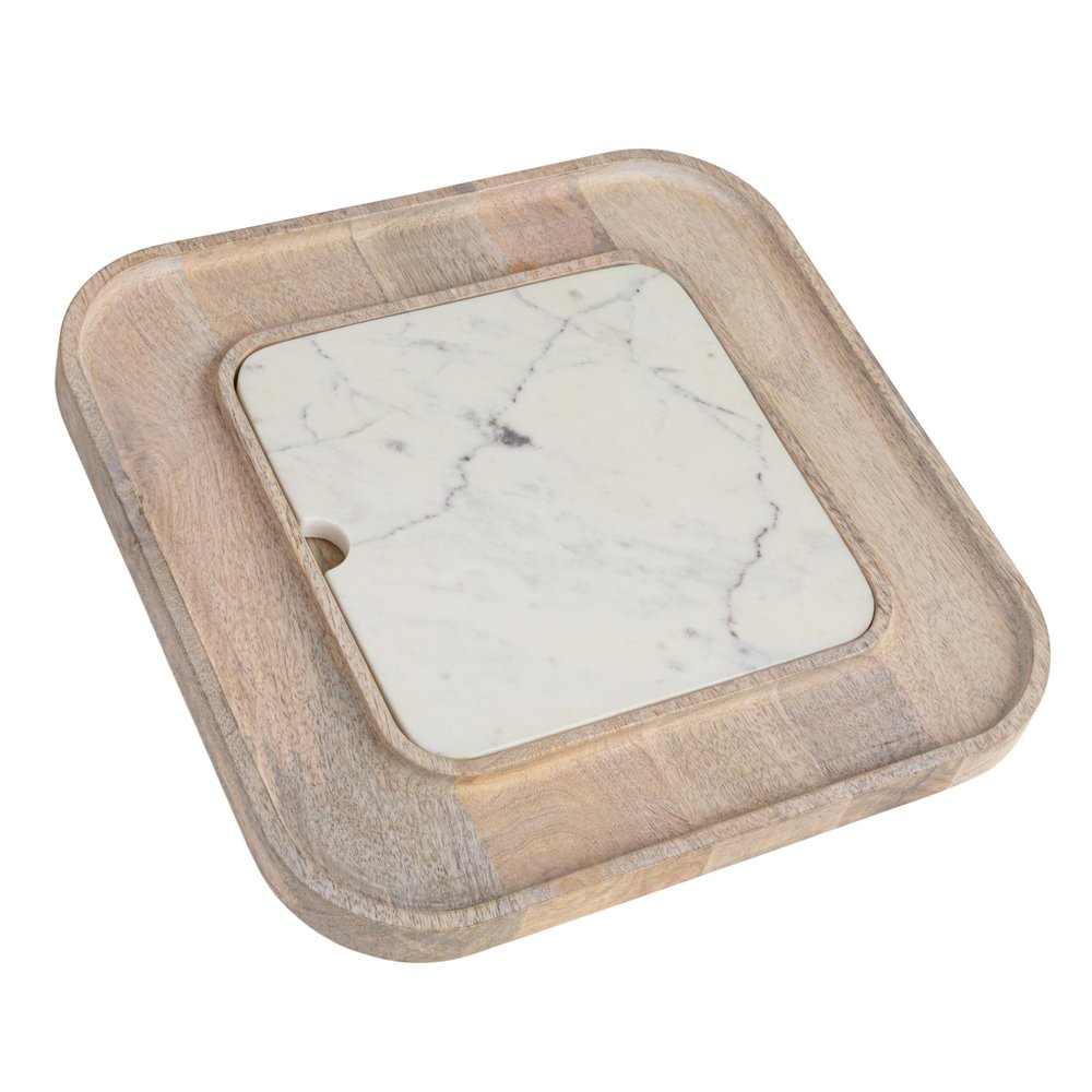 Creative Co-Op Marble and Wood Cutting Board on a Dish, White